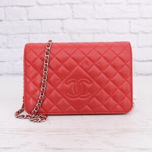Chanel CC Full Flap Wallet on Chain Red Lambskin Leather Shoulder Handbag A4714
